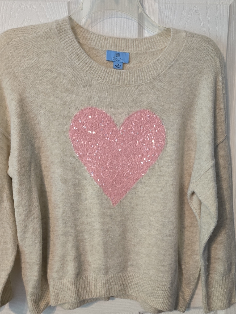 CeCe Cream Sweater with Pink Sequin Heart